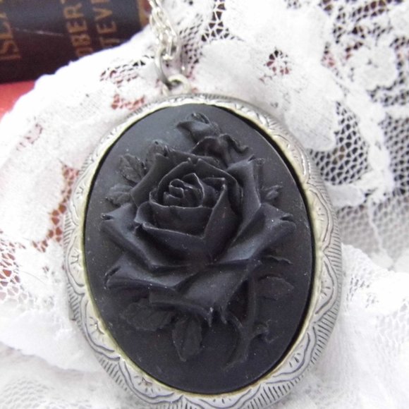 Black Gothic Mourning Rose Cameo Locket Necklace - Picture 2 of 8